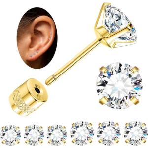 imageFansilver 6 Pairs Hypoallergenic Stud Earrings for Women Men Threadless Flat Back Stud Earrings Set for Multiple Piercing Surgical Stainless Steel Cubic Zirconia Earrings Studs CZ 28 mmDgold23mm