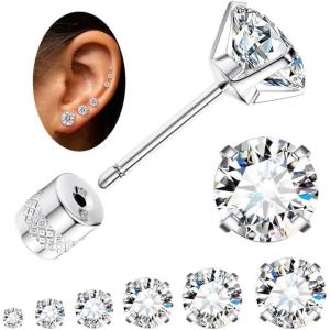 imageFansilver 6 Pairs Hypoallergenic Stud Earrings for Women Men Threadless Flat Back Stud Earrings Set for Multiple Piercing Surgical Stainless Steel Cubic Zirconia Earrings Studs CZ 28 mmEsilver234568mm