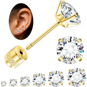 imageFansilver 6 Pairs Hypoallergenic Stud Earrings for Women Men Threadless Flat Back Stud Earrings Set for Multiple Piercing Surgical Stainless Steel Cubic Zirconia Earrings Studs CZ 28 mmAgold234568mm