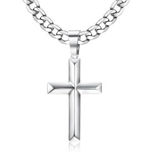 imageFansilver 925 Sterling Silver Cross Pendant Necklace DiamondCut Cuban Link Chain Necklace Highly Polished Beveled Edge Cross Chain Necklace Silver Cross Necklace for Men Women 1830 Inches22 inches56 cm