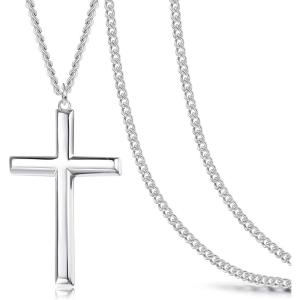 imageFansilver 3MM 925 Sterling Silver Cross Necklace for Men Women Pendant Necklace Classic Curb Chain Jewelry Best Gift with Box 24 inch
