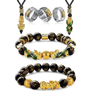 imageFansilver 7 Pieces Feng Shui Bracelet Necklace Ring Set for Women Men Feng Shui Pi Xiu Mantra Ring Good Luck Black Obsidian Bracelet Adjustable Feng Shui wealth Necklaces Jewelry
