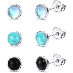 imageFansilver 925 Sterling Silver Stud Earrings for Womens Moonstone Earrings Turquoise Black Earrings Round Gemstone Stud Gift Christmas Valentines DayA 4MM Stone