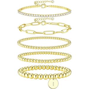 imageFansilver Gold Bracelets for Women Stackable Gold Beaded Bracelets Paperclip Tennis Bracelet 14K Real Gold Plated Stretch Bead Ball Bracelet with Letter PendantI