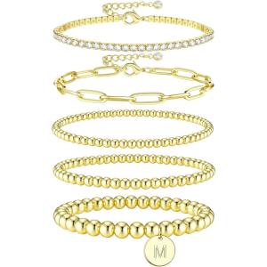imageFansilver Gold Bracelets for Women Stackable Gold Beaded Bracelets Paperclip Tennis Bracelet 14K Real Gold Plated Stretch Bead Ball Bracelet with Letter PendantM
