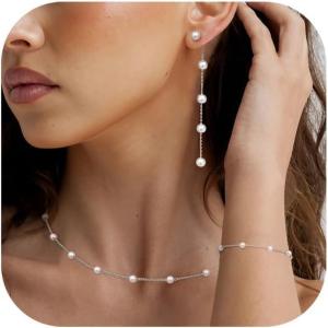 imageFansilver Gold Jewelry Set for Women 14K Gold Pearl Necklace for Women Pearl Necklace and Earring Set Wedding Jewelry SetsSilver