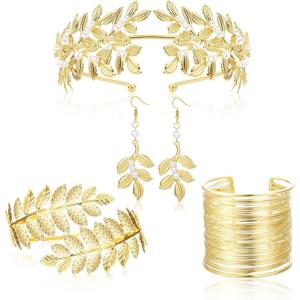 imageFansilver Greek Goddess Costume Accessories for Women Gold Headpiece Upper Arm Cuff Bracelet Dangle Earring Goddess Gold Jewelry Set for Bridal Wedding Toga Party