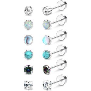 imageFansilver Titanium Earrings for Women Men Surgical Steel Stud Earrings Opal Turquoise Cubic Zirconia Screw Back Earrings 20G Cartilage Piercing Nap Earrings Hypoallergenic Flatback Stud Earrings for Sensitive EarsBTitanium Stud Earrings
