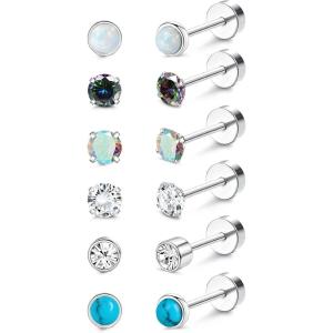 imageFansilver Titanium Earrings for Women Men Surgical Steel Stud Earrings Opal Turquoise Cubic Zirconia Screw Back Earrings 20G Cartilage Piercing Nap Earrings Hypoallergenic Flatback Stud Earrings for Sensitive EarsATitanium Flat Back Earrings