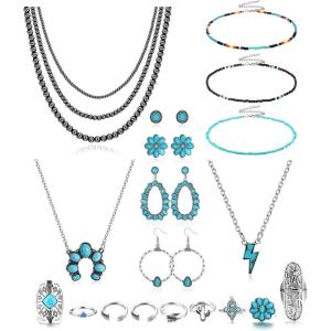 imageFansilver Western Jewelry for Women Bohemian Turquoise Jewelry Set Navajo Pearl Necklace Beaded Choker Necklace Turquoise Earrings Bracelet Western Knuckle Rings Turquoise Jewelry for WomenBWestern Jewelry Set