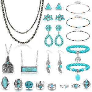 imageFansilver Western Jewelry for Women Bohemian Turquoise Jewelry Set Navajo Pearl Necklace Beaded Choker Necklace Turquoise Earrings Bracelet Western Knuckle Rings Turquoise Jewelry for WomenATurquoise Jewelry Set