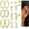 imageFansilver Hypoallergenic Gold Stud Hoop Earrings for Women Surgical Steel Flatback Stud Earrings Gold Hoops With CZ Charms Dangle Chain Earring Stacks Cartilage Earring Sets for Multiple PiercingGold Plated 5