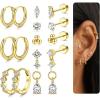 imageFansilver Hypoallergenic Gold Stud Hoop Earrings for Women Surgical Steel Flatback Stud Earrings Gold Hoops With CZ Charms Dangle Chain Earring Stacks Cartilage Earring Sets for Multiple PiercingGold Plated 3