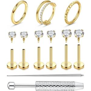 imageFansilver 18G 16G Flat Back Stud Earrings for Women with Piercing Ball Grabber Tool  316L Surgical Steel Cartilage Hoop Earrings Stack Internal Thread CZ Stud Piercing Jewelry for Tragus Helix Conch ampamp Hypoallergenic Lip Nose Rings Hoops14K gold