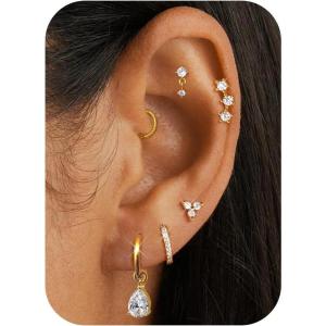 imageFansilver Hypoallergenic Gold Stud Hoop Earrings for Women Trendy  Cartilage Earring Stacks  Surgical Stainless Steel Flat back Stud Earrings Gold Hoops With CZ Charms Cute Dangle Chain Huggie Earring Sets for Multiple Piercing14K Gold Classic Style CZ