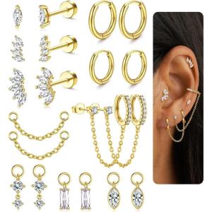 imageFansilver Hypoallergenic Gold Stud Hoop Earrings for Women Trendy  Cartilage Earring Stacks  Surgical Stainless Steel Flat back Stud Earrings Gold Hoops With CZ Charms Cute Dangle Chain Huggie Earring Sets for Multiple Piercing14k Chain style 3 pair CZ pendant