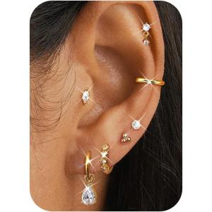 imageFansilver Hypoallergenic Gold Stud Hoop Earrings for Women Trendy  Cartilage Earring Stacks  Surgical Stainless Steel Flat back Stud Earrings Gold Hoops With CZ Charms Cute Dangle Chain Huggie Earring Sets for Multiple Piercing14K Simple StyleRhombus CZ Hoops