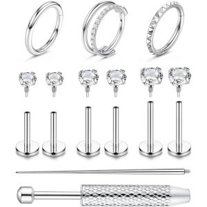 imageFansilver 18G 16G Flat Back Stud Earrings for Women with Piercing Ball Grabber Tool  316L Surgical Steel Cartilage Hoop Earrings Stack Internal Thread CZ Stud Piercing Jewelry for Tragus Helix Conch ampamp Hypoallergenic Lip Nose Rings HoopsSilver