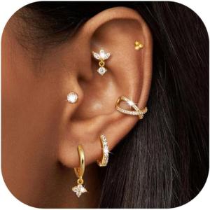 imageFansilver 14K Gold Plated Earrings Stacks for Women Hypoallergenic Surgical Stainless Steel Flat Back EarringsDainty Small Huggie Hoops Studs EarringCartilage Earring Set for Multiple Piercing14k Gold