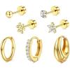 imageFansilver 14K Gold Plated Flat Back Earrings for Women Hypoallergenic Surgical Steel Stud Hoop Earrings Cartilage Earring Stacks Dainty CZ Heart Flower Star Stud Earring Set Small Huggie Hoops