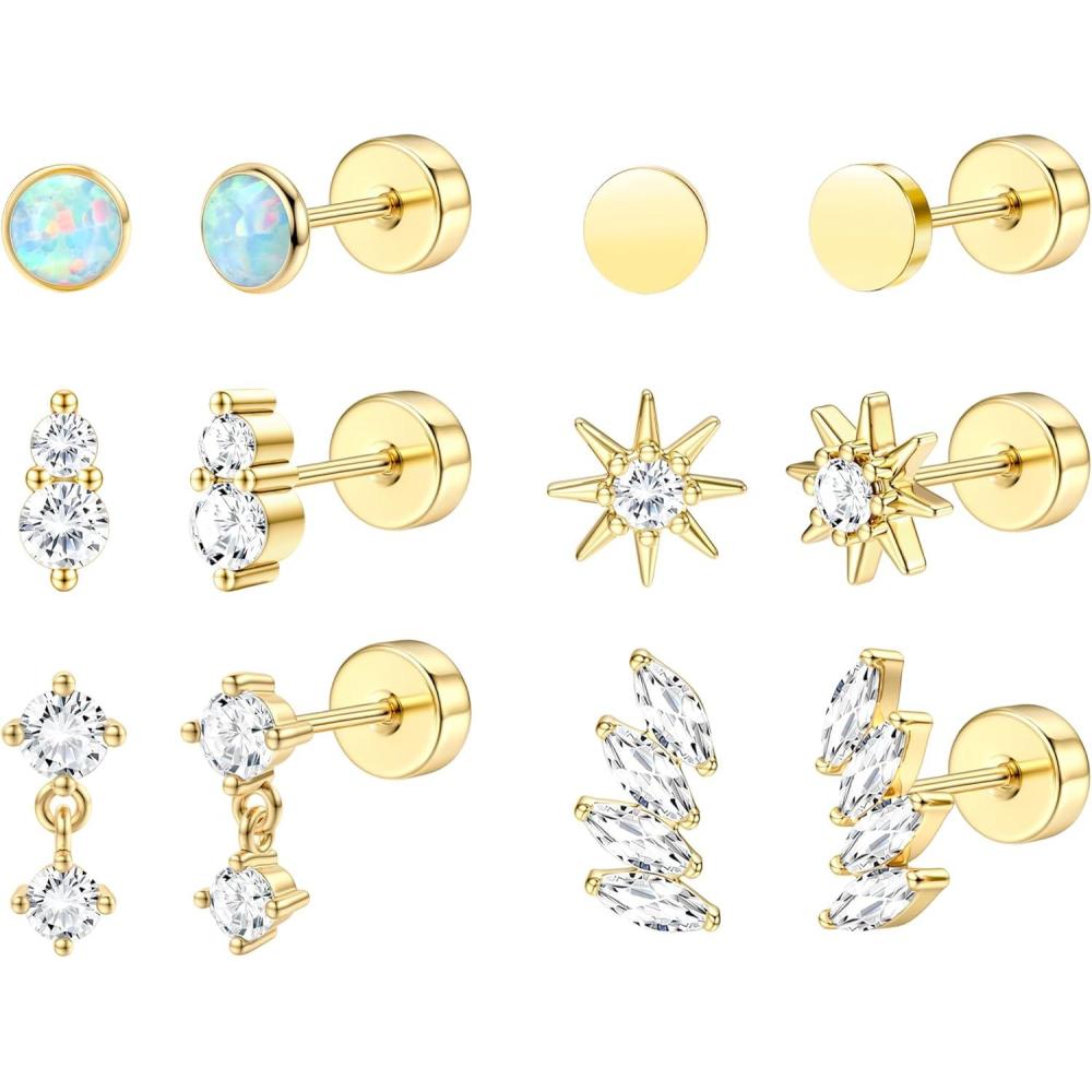 imageFansilver 6 Pairs Hypoallergenic Flat Back Earrings 14K Gold Plated Stud Earrings for Women Trendy Small Cartilage Earring Stacks CZ Surgical Steel Earring Set Helix Conch Tragus Piercing JewelryGold