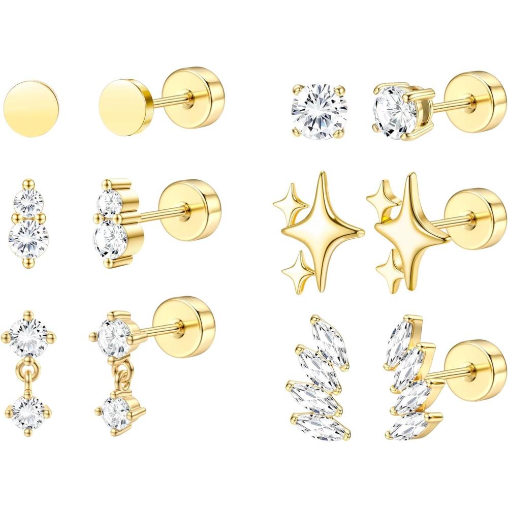 imageFansilver 6 Pairs Hypoallergenic Flat Back Earrings 14K Gold Plated Stud Earrings for Women Trendy Small Cartilage Earring Stacks CZ Surgical Steel Earring Set Helix Conch Tragus Piercing JewelryGold 1