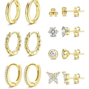 image:imageFansilver 7 Pairs Sterling Silver Stud Earrings for Women 14K Gold Filled Tiny Stud Earrings Set for Multiple Piercing Cartilage Hypoallergenic Huggie Hoop Earrings Cubic Zirconia Small Stud Earrings for TeenGold